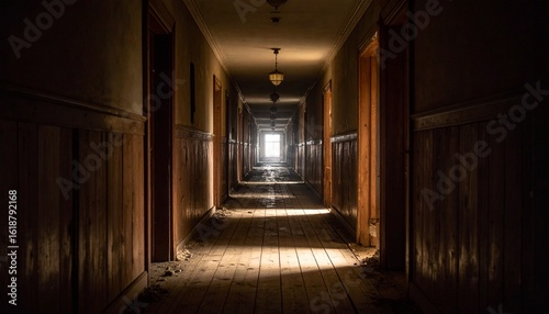 A long, dark hallway with wood paneling and doors, illuminated by a bright light at the far end.