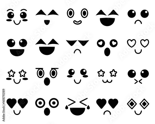 A delightful collection of charming expressive kawaii faces featuring a variety of adorable eyebrow styles and emotions perfect for adding a touch of cuteness