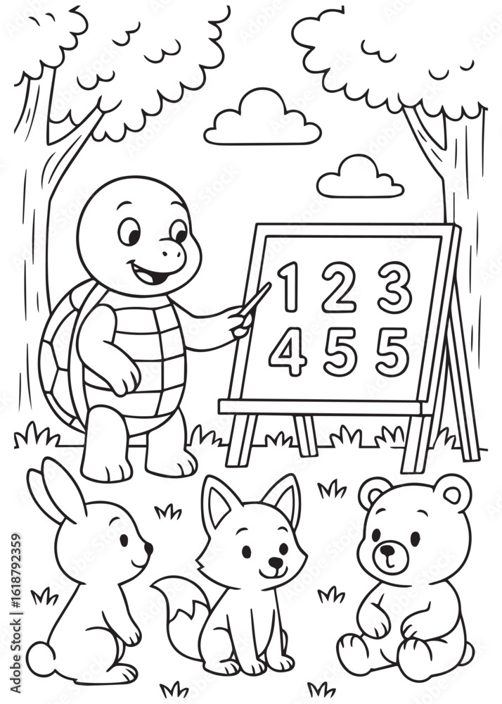 Fototapeta premium Coloring book turtle teaching numbers to forest animals.