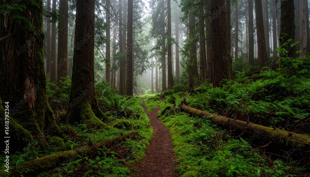 Obraz premium Misty forest path winds through lush, moss-covered ancient trees.