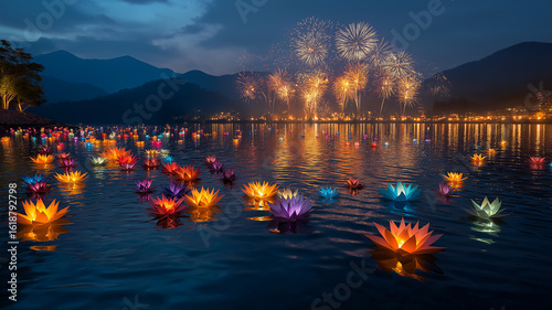 Festival of lights at mountain lake with illuminated paper boats and colorful fireworks bursting in night sky, festive atmosphere, 4k image