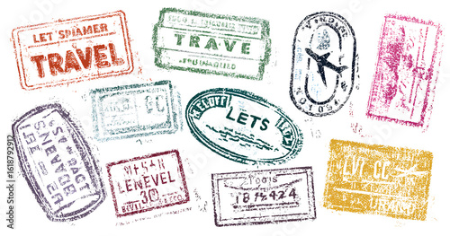  A collage of various passport stamps from different countries, including criss-crossed and overlapping stamps in reds, blues, greens, and black ink on a white paper background 
