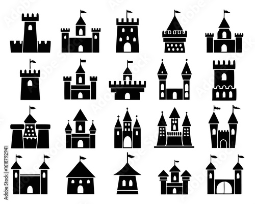 Collection of stylized medieval castle outlines featuring towers battlements and architectural details presented as a cohesive graphic element for historical or fantasy themes