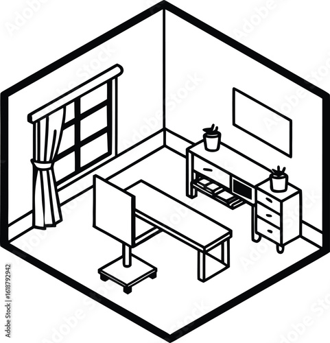 isometric dorm room with desk facing large window