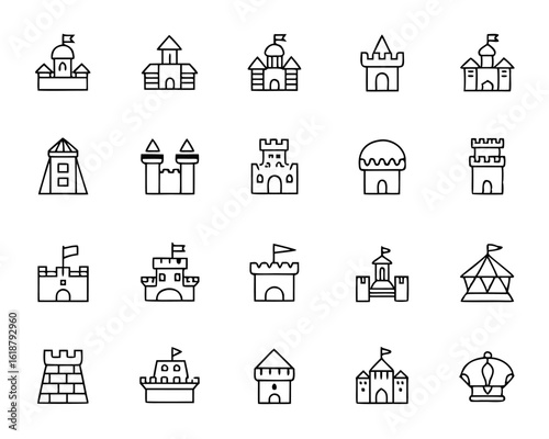 A collection of distinct medieval castle silhouettes presented as clean outline graphics suitable for various design applications and historical themes