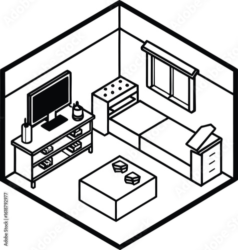 isometric dorm room with gaming setup and soft pillow