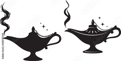 Magical genie lamp silhouette with swirling smoke and stars