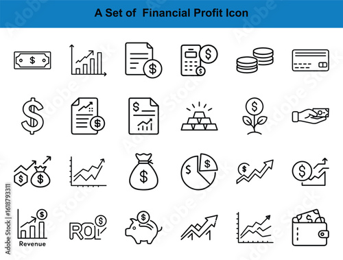 Several black line art icons depict financial growth and money concepts clearly on white