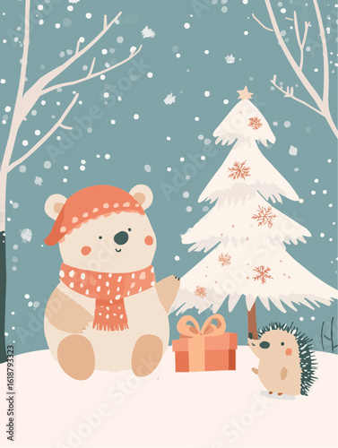 Flat winter forest artwork with woodland animals and gift elements, great for packaging, seasonal labels, or wrapping paper
