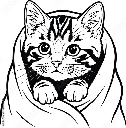 Cute cartoon tabby kitten snuggled in a blanket.