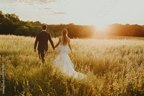 wedding ceremony in an open field with tall grass and soft golden light