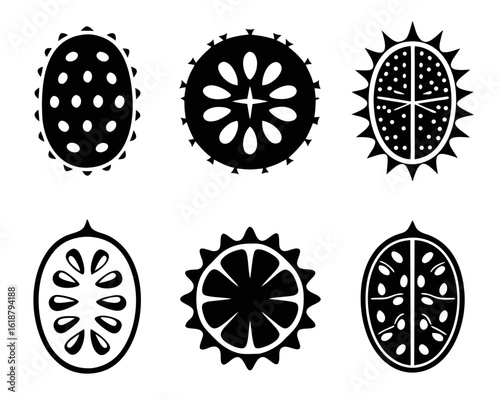 A striking solid graphic representation of a kiwano fruit also known as the horned melon showcasing its unique spiky texture and vibrant internal flesh perfect for culinary or botanical themes