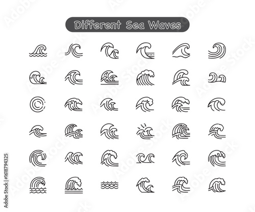 Minimalist Beach Icons: Black & Line Art Waves 
