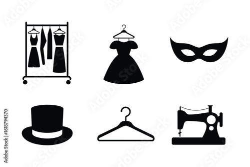 Clothing rack dresses mask top hat hanger sewing machine vector
