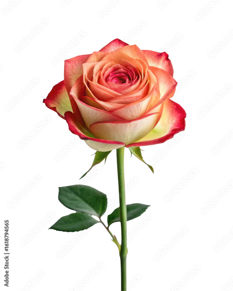A single rose with delicate petals in shades of pink red and yellow stands against a transparent background A single rose with delicate petals in shades of pink red and yellow stands against a transparent background