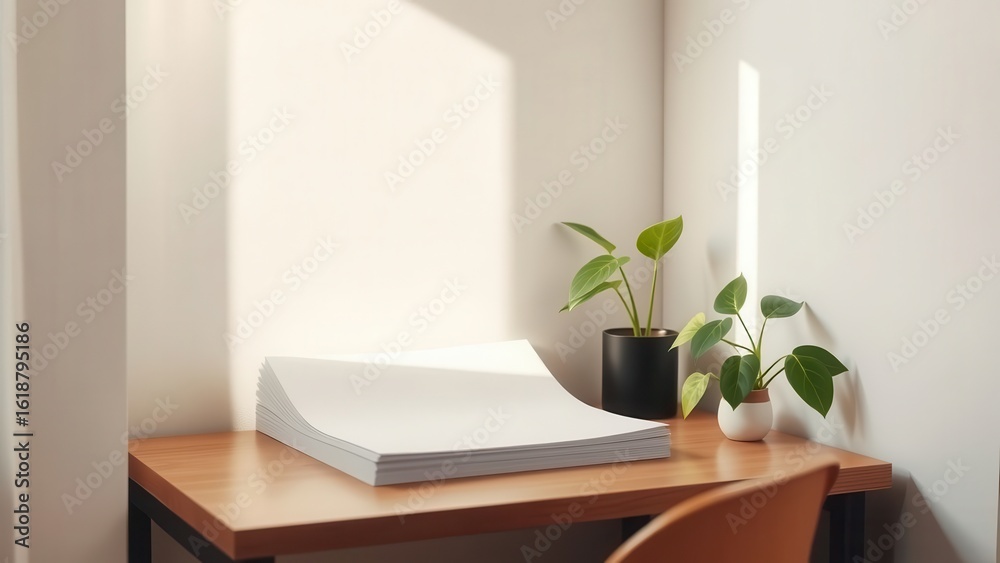 Fototapeta premium Stack of papers and plant on sunlit desk 