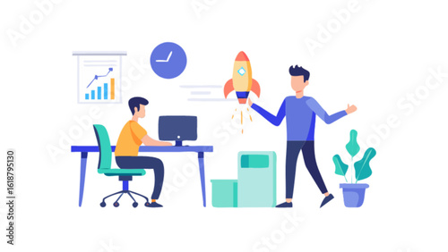 Two men are working on a startup rocket launch, representing business success and project development, isolated on white background this is an illustration of innovation and technology growth