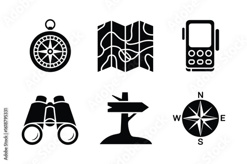Compass binoculars map gps signpost vector