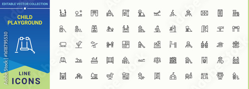 Child Playground line icon set. Icons for application. Game line icon set. Contains such icons as kid, ground, kindergarten, children, kid playground and more.