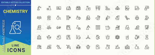Chemistry line icon set. Biotech icon set. Collection of simple line web icons. Contains such symbols as science, molecular, genetic, bio, chemist and more. Art and illustration.