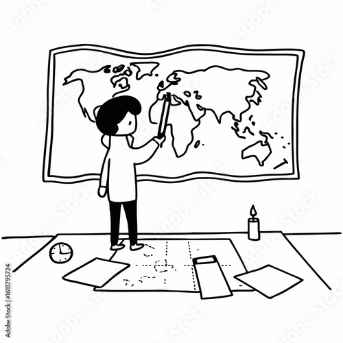 Vector art of cartoon world map geography teacher pointing asia europe africa continents education learning study classroom 100 vector illustration
