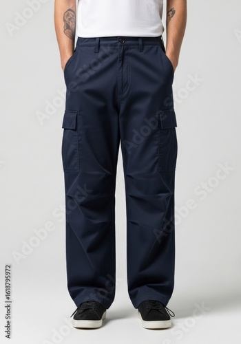 Man in white tshirt and dark blue cargo pants with black sneakers