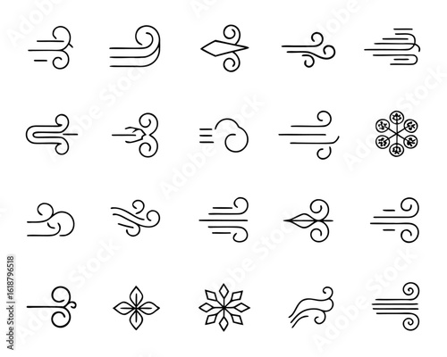Clean line art collection of weather elements including wind gusts clouds and atmospheric speed indicators for modern design applications