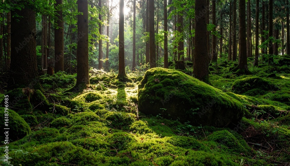 Fototapeta premium Sunlit forest floor covered in lush green moss, with tall trees reaching towards the sky.