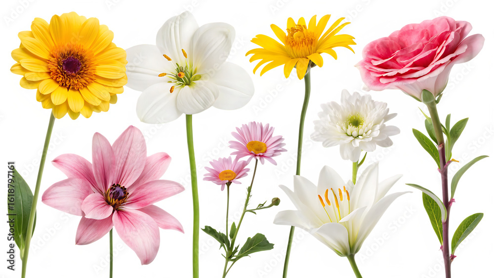 Fototapeta premium Set of various beautiful blooming flowers isolated on white background PNG. AI GENERATED.