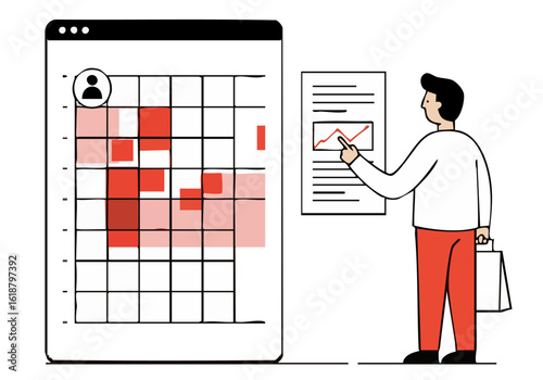 A man inspects a map on a mobile device, highlighting data points. Modern illustration style, focusing on business strategy and planning. Clean, professional design.