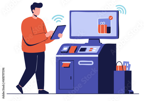 A man uses a tablet at a futuristic checkout kiosk. A digital display shows a gift box with a checkmark. Modern, clean design. Suitable for business and technology concepts.