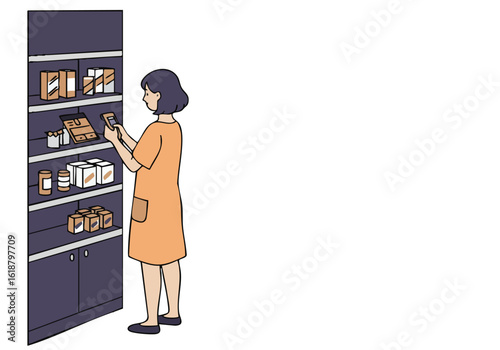 A female professional scans shelves in a pharmacy, utilizing a tablet. Clean, modern aesthetic. Focus on inventory management.
