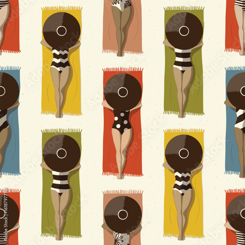 Seamless Vector Pattern Retro sunbathing woman in bold black white swimsuit on a summer beach towel