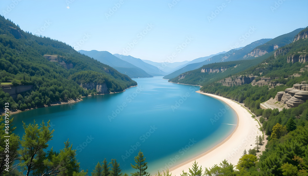 Naklejka premium Serene Mountain Lake With Sandy Beach Surrounded by Lush Green Forest