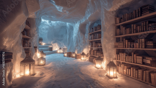 Frozen cave library glowing with warm lanterns, ancient books inside glacier cavern, secret arctic sanctuary aesthetic, 4k image