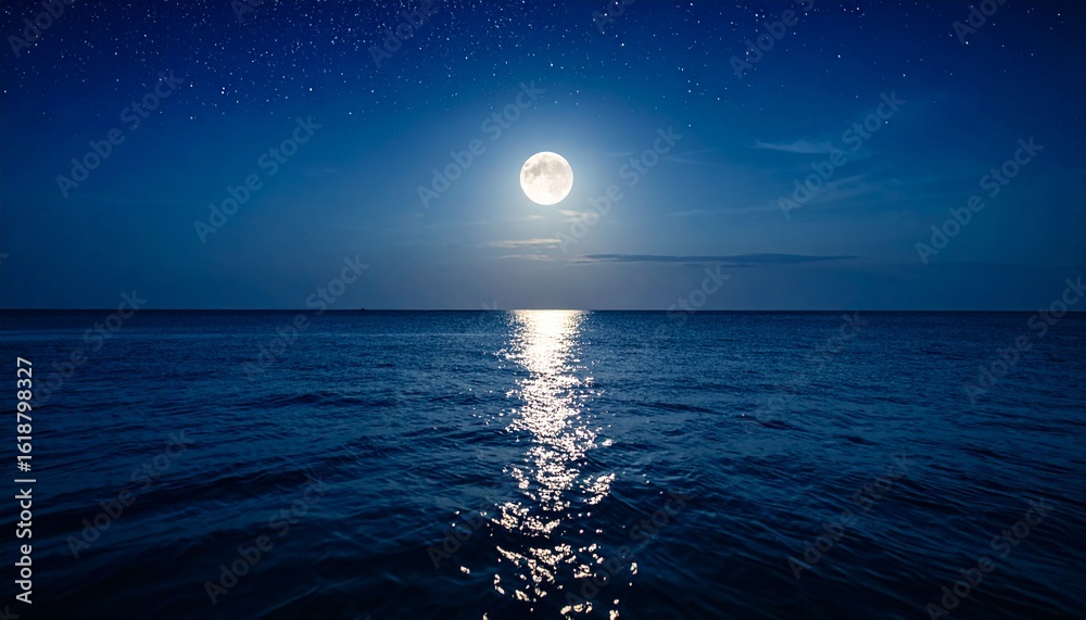 Full moon shining brightly over the ocean, casting a shimmering reflection on the water under a starry night sky. Full moon shining brightly over the ocean, casting a shimmering reflection on the water under a starry night sky.