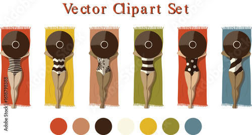Vector Clipart Set Retro sunbathing woman in a bold black white swimsuit on a summer beach towel