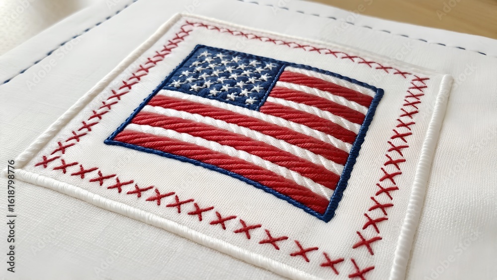 Fototapeta premium Close-Up of American Flag Embroidered on White Fabric