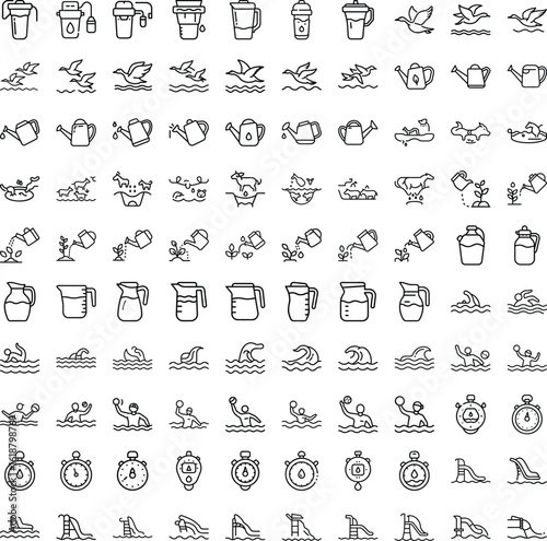 Collection of line art icons related to water and activities water filter pitcher