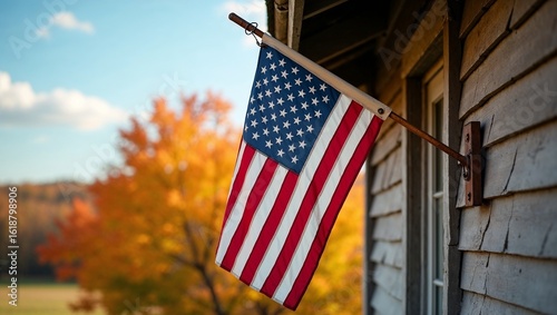 Traditional Wooden House with Hanging American Flag