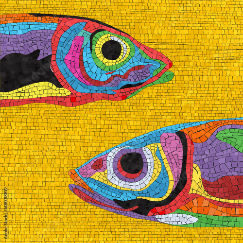 Decorative vector mosaic icon with fish , abstract art illustration