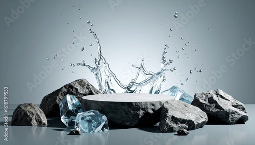 A pristine, circular stone platform is surrounded by rocks and ice, with dynamic water splashes creating a refreshing scene.