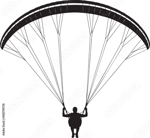 Black silhouette of a paraglider suspended against a white background skydiving