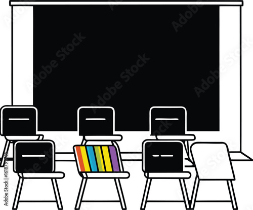 classroom with colorful chairs and blackboard