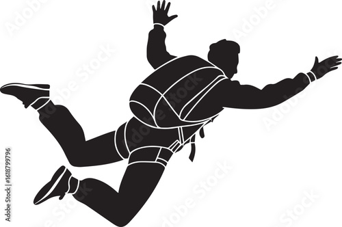 Black silhouette of a skydiver in freefall with arms outstretched white