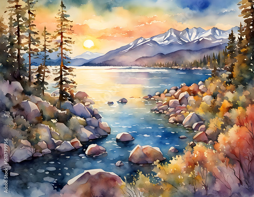 Watercolor painting of Lake Tahoe at sunset. Lake Tahoe lies on the border between California and Nevada