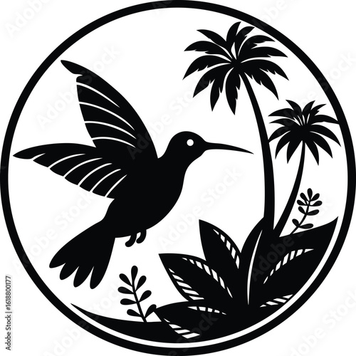 Tropical hummingbird hovering beside blooming flowers and trees Vector silhouette