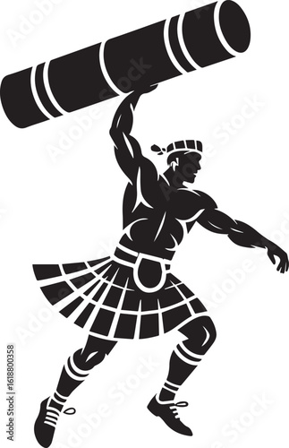 Muscular man in kilt lifting heavy log strong