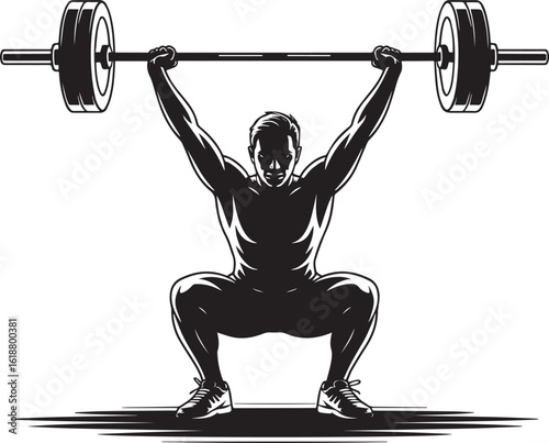 Muscular man lifting heavy barbell during squat exercise weightlifting