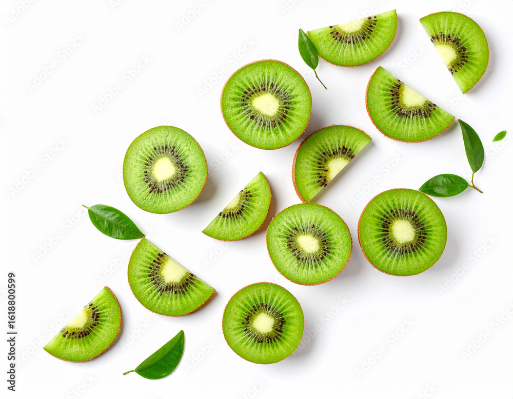 Fototapeta premium Slices of fresh juicy kiwi falling on a white background